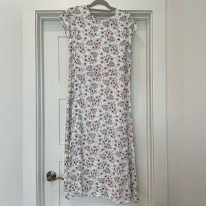 LOFT White Floral Midi Dress with Cap Sleeves